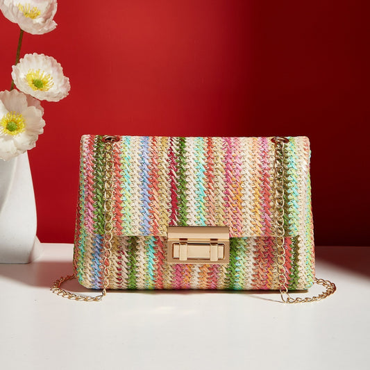 Belvoir Stylish Multicolor Woven Straw Shoulder Bag with Gold Chain Strap - Bohemian Crossbody Handbag for Women, Colorful Lightweight Summer Purse, Trendy Beach & Casual Accessory