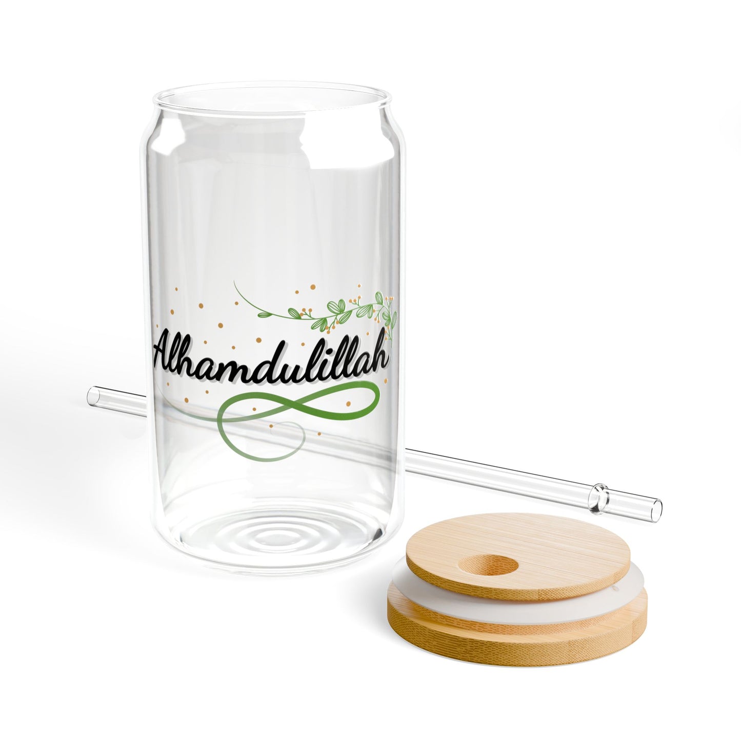 Alhamdulillah 16oz Glass Sipper with Bamboo Lid – Reusable Motivational Drinkware for Everyday Use, Ramadan, Eid, Islamic Gifts for Family & Friends