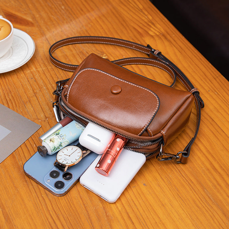 Minimalist Brown Leather Crossbody Bag with Front Pocket