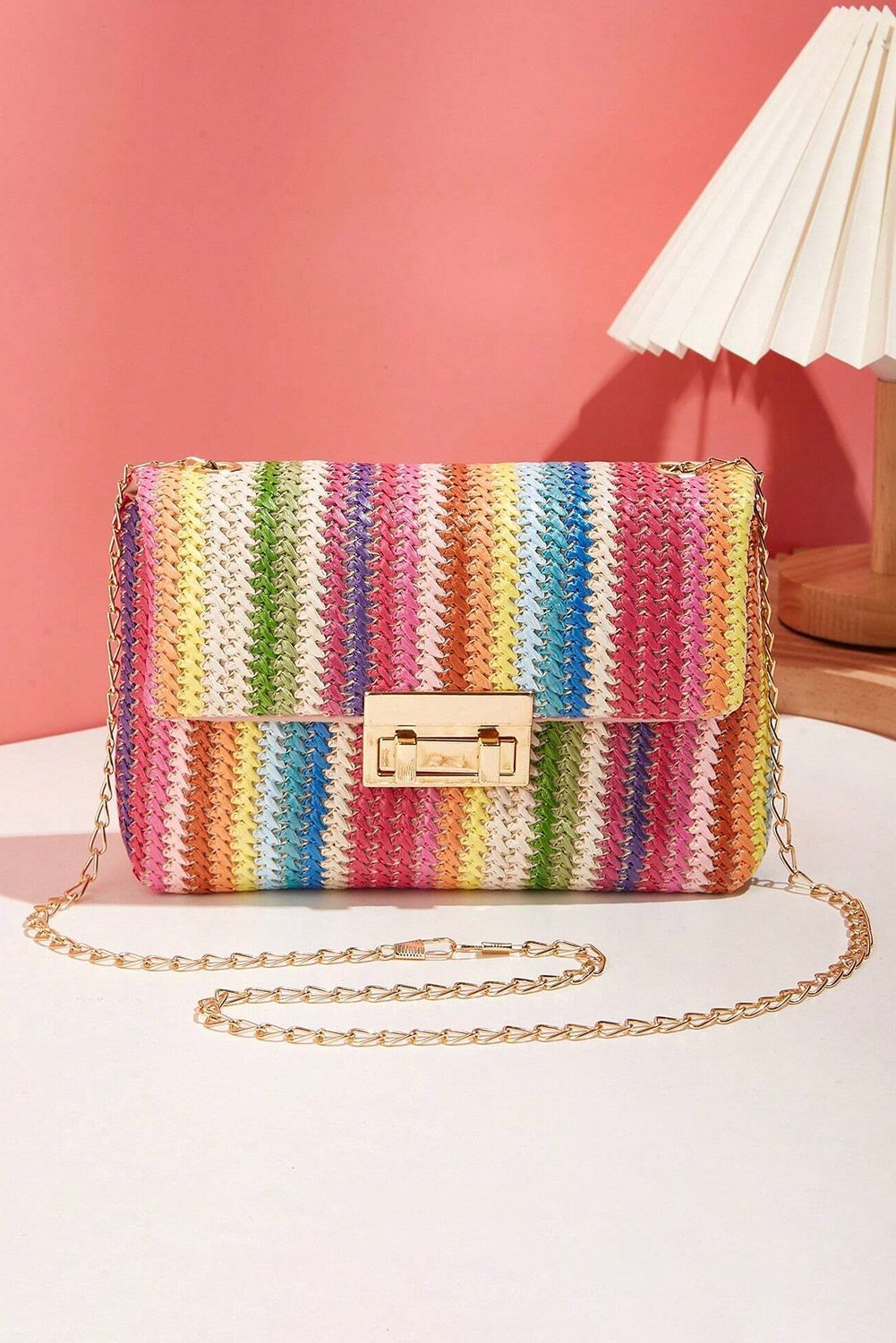 Belvoir Stylish Multicolor Woven Straw Shoulder Bag with Gold Chain Strap - Bohemian Crossbody Handbag for Women, Colorful Lightweight Summer Purse, Trendy Beach & Casual Accessory