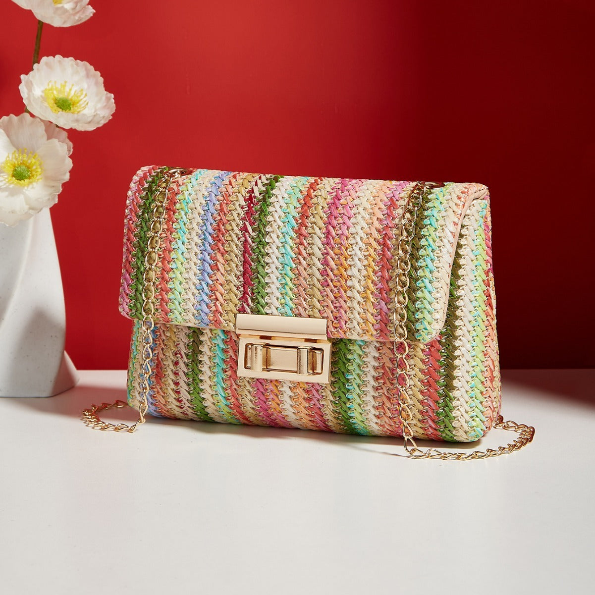 Belvoir Stylish Multicolor Woven Straw Shoulder Bag with Gold Chain Strap - Bohemian Crossbody Handbag for Women, Colorful Lightweight Summer Purse, Trendy Beach & Casual Accessory