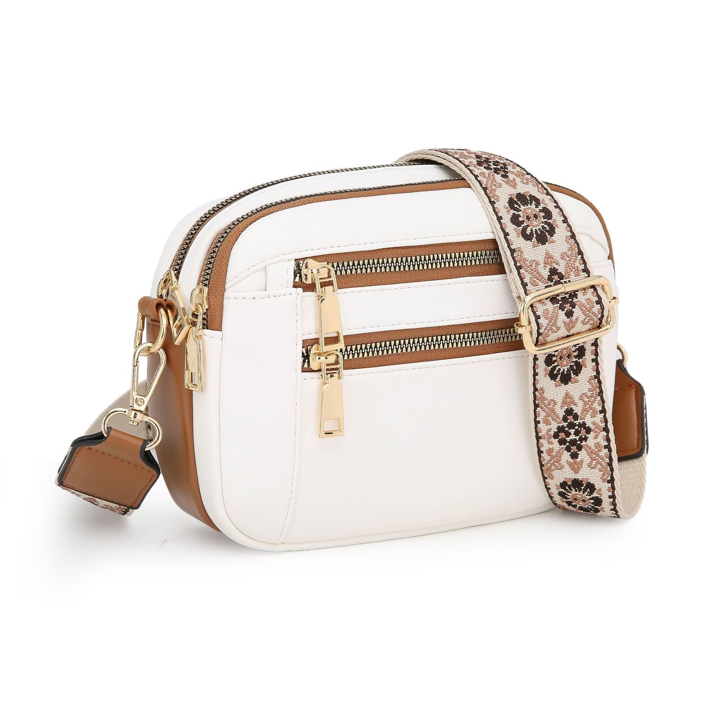 Trendy Color-Block Multi-Zipper Crossbody Bag with Adjustable Embroidered Strap - Fashionable and Functional Shoulder Bag for Women