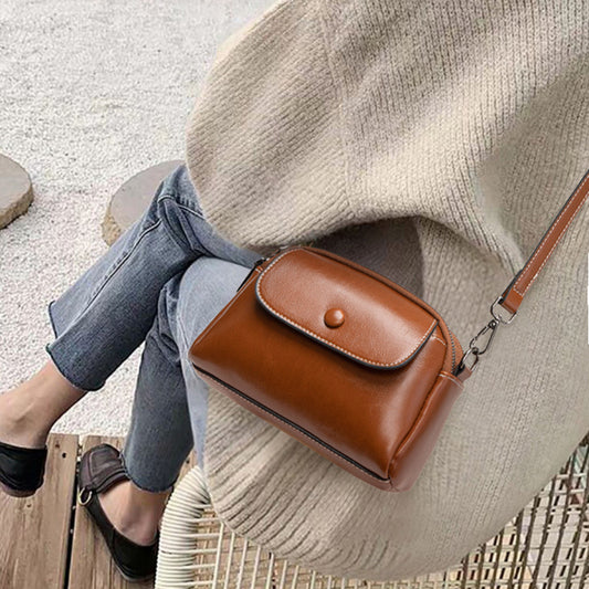 Minimalist Brown Leather Crossbody Bag with Front Pocket