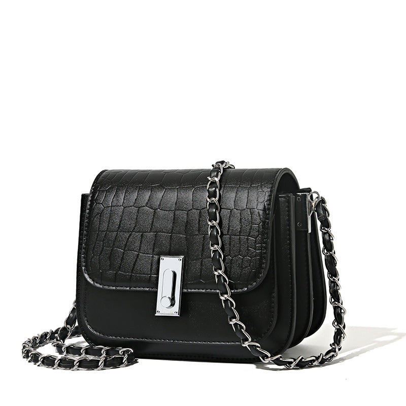 Belvoir Elegant Black Croc-Textured Leather Shoulder Bag with Chain Strap