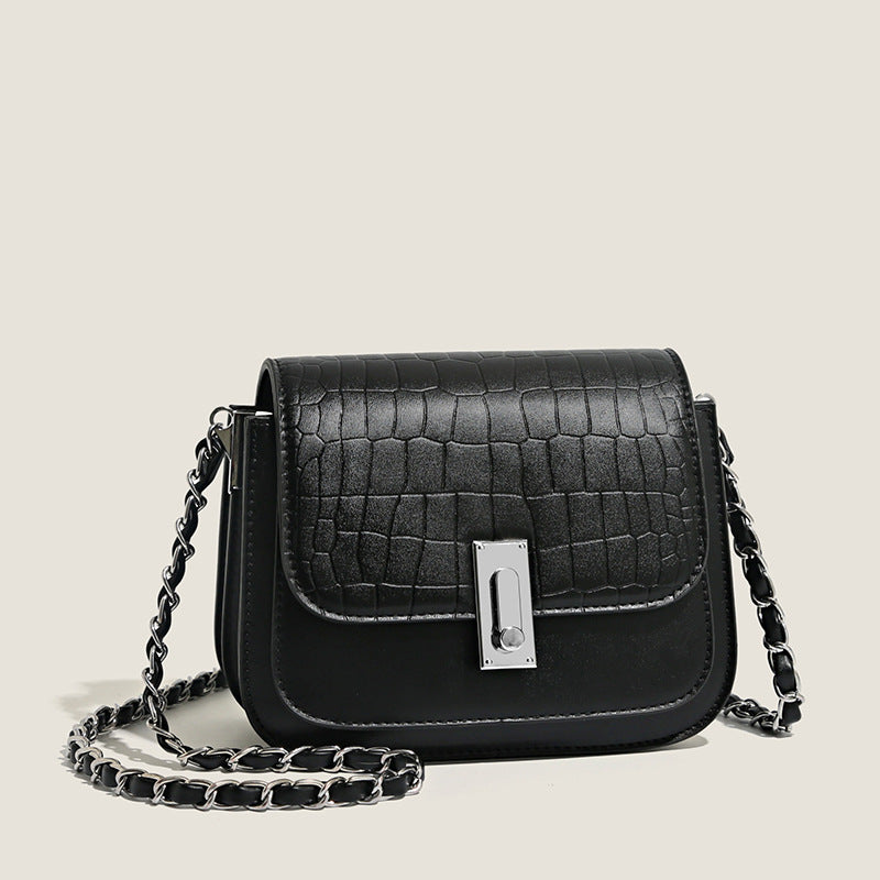 Belvoir Elegant Black Croc-Textured Leather Shoulder Bag with Chain Strap