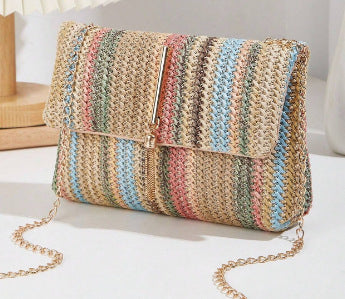 Belvoir Stylish Multicolor Woven Straw Shoulder Bag with Gold Chain Strap - Bohemian Crossbody Handbag for Women, Colorful Lightweight Summer Purse, Trendy Beach & Casual Accessory