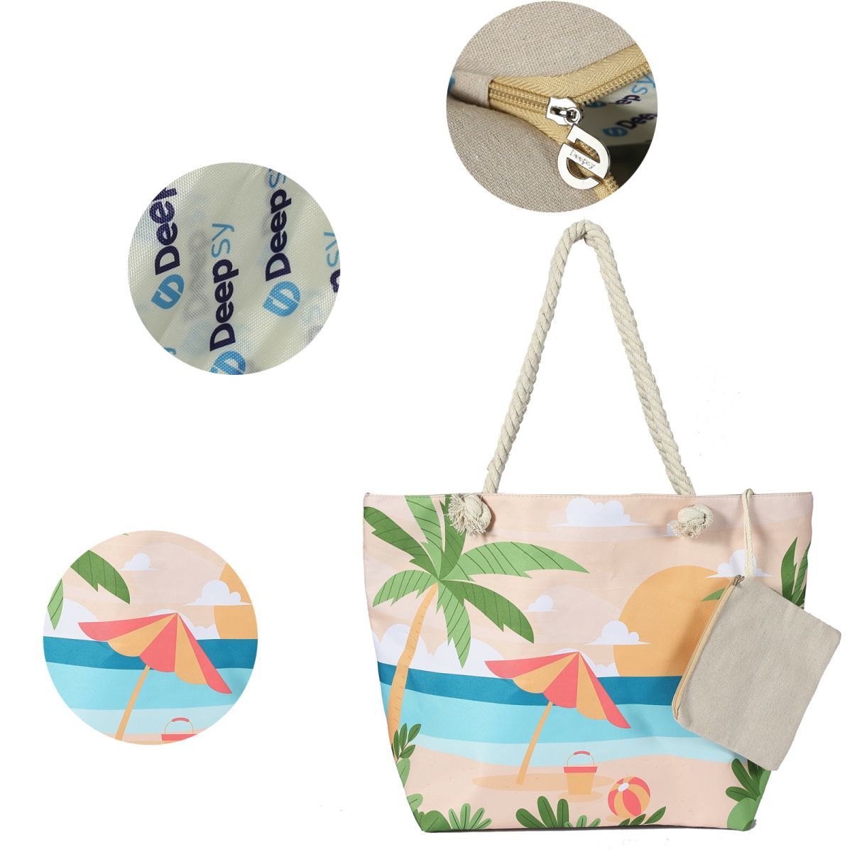 Canvas Beach Tote Bag For Women Waterproof Large Travel Beach Bags With Zipper Reusable Grocery Shopping Bags