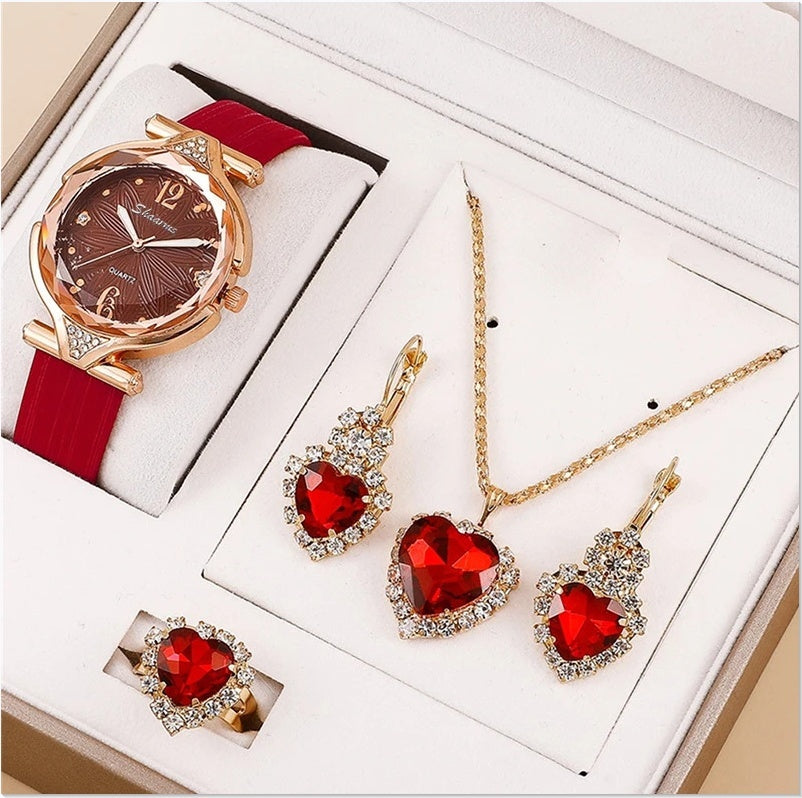 6-Piece Ladies Quartz Watch and Diamond Jewelry Gift Set