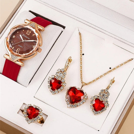 6-Piece Ladies Quartz Watch and Diamond Jewelry Gift Set