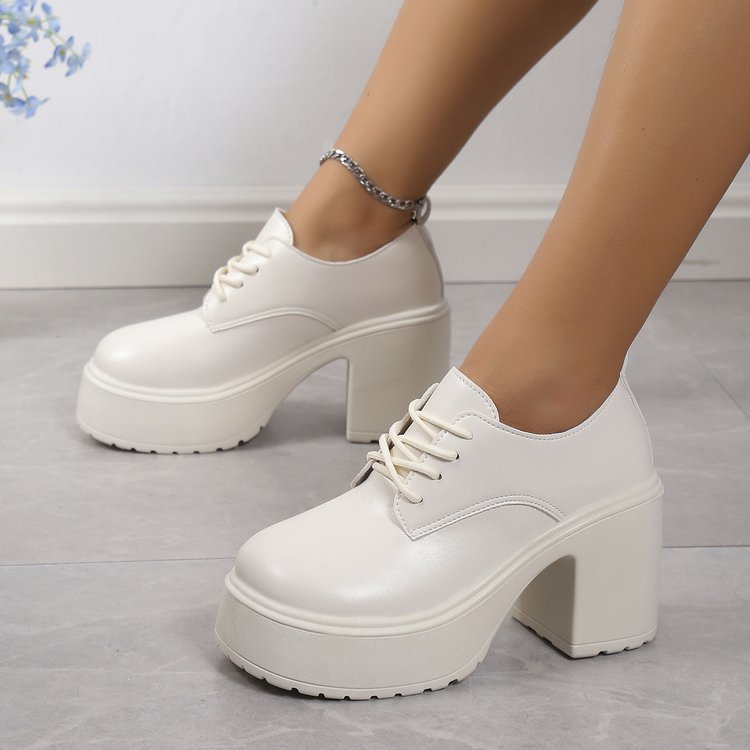 Chunky Heel Lace-up High Heel Leisure Versatile Small Leather Shoes