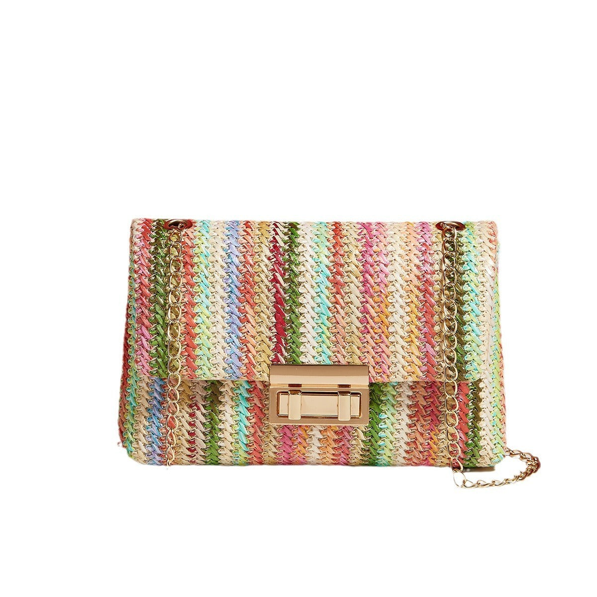 Belvoir Stylish Multicolor Woven Straw Shoulder Bag with Gold Chain Strap - Bohemian Crossbody Handbag for Women, Colorful Lightweight Summer Purse, Trendy Beach & Casual Accessory