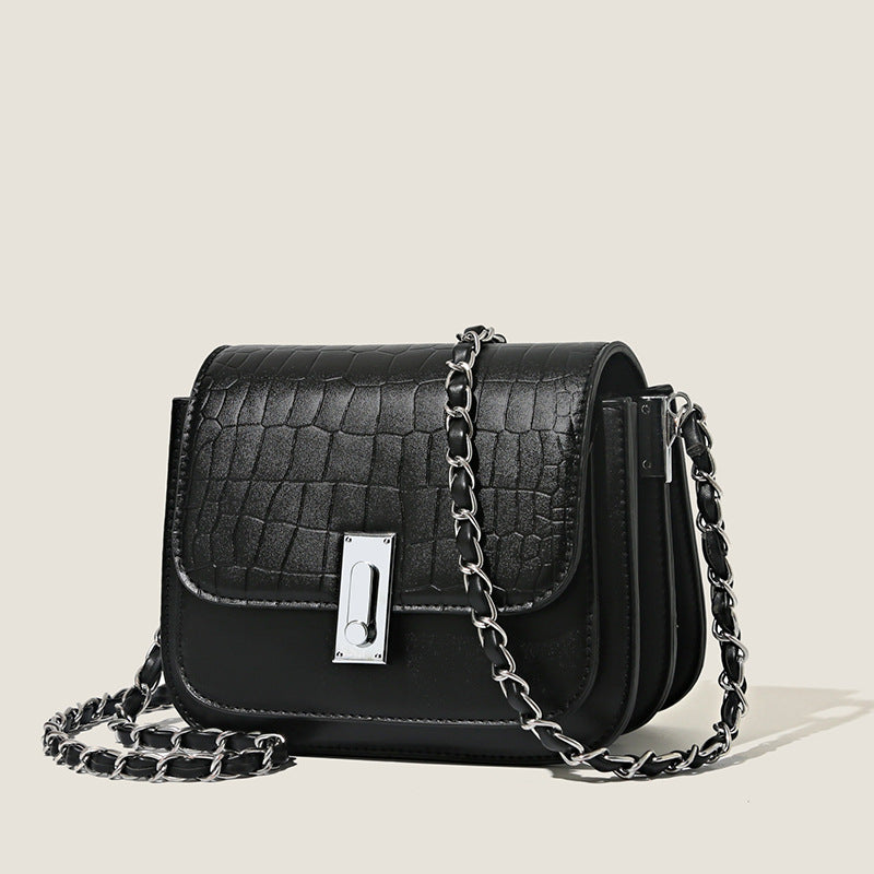 Belvoir Elegant Black Croc-Textured Leather Shoulder Bag with Chain Strap