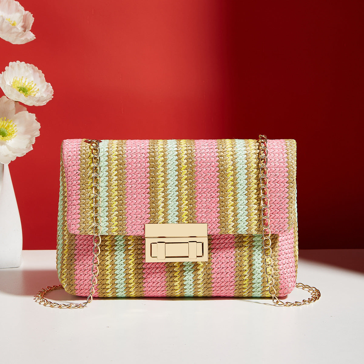 Belvoir Stylish Multicolor Woven Straw Shoulder Bag with Gold Chain Strap - Bohemian Crossbody Handbag for Women, Colorful Lightweight Summer Purse, Trendy Beach & Casual Accessory