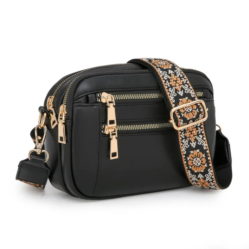 Trendy Color-Block Multi-Zipper Crossbody Bag with Adjustable Embroidered Strap - Fashionable and Functional Shoulder Bag for Women